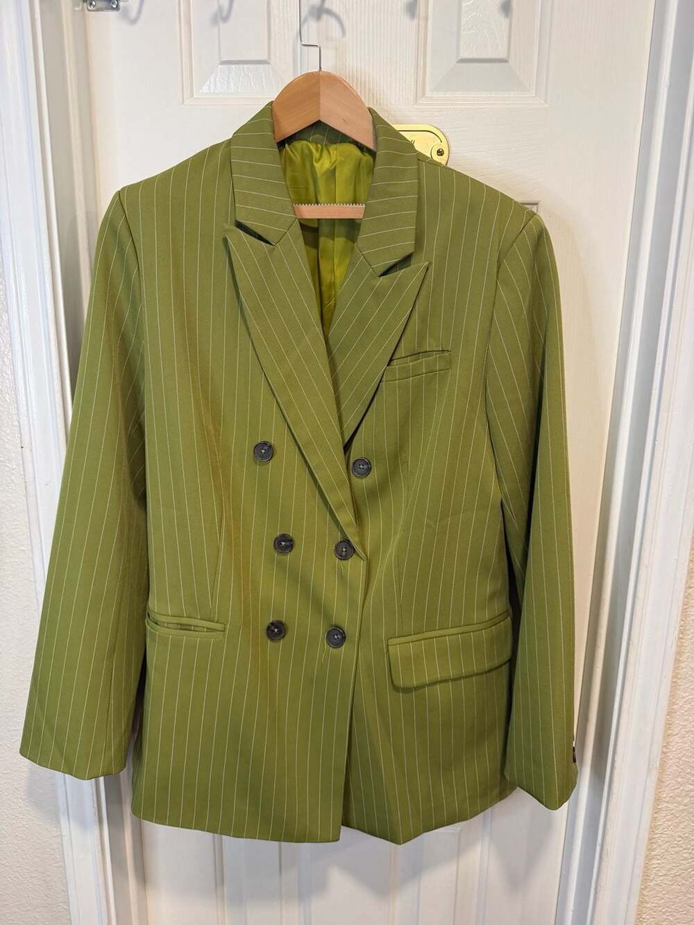 Women’s XL Olive Green Pinstripe Blazer Double Breasted Oversized Jacket Amazon